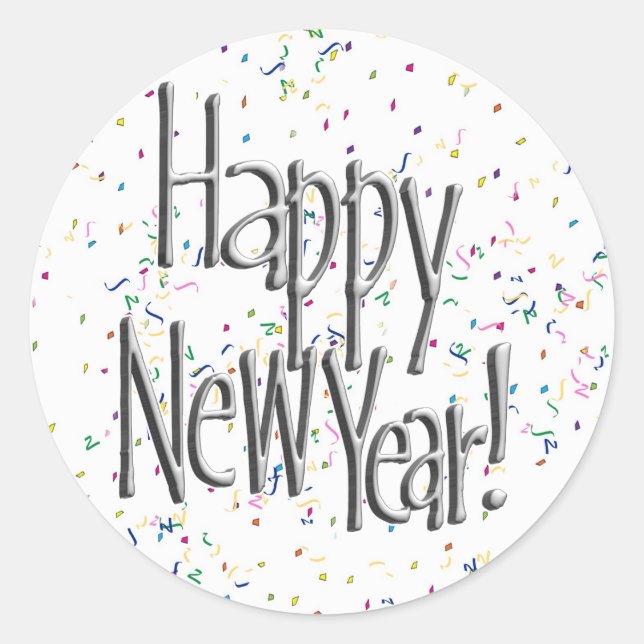 Happy New Year Silver Text Classic Round Sticker (Front)