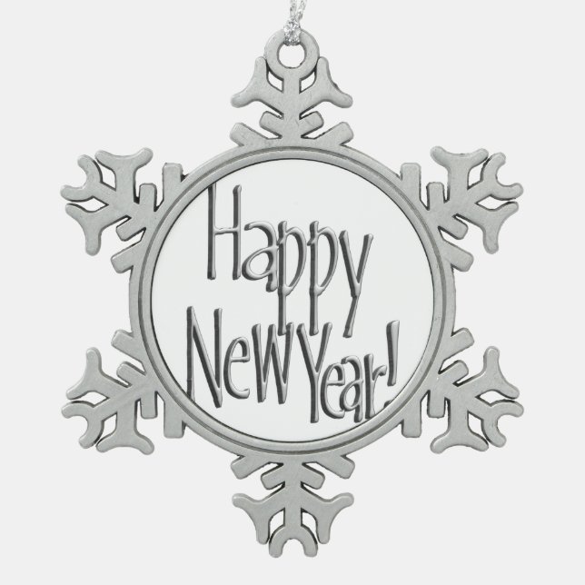 Happy New Year - Silver Text Snowflake Pewter Christmas Ornament (Front)