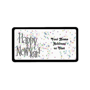 Happy New Year - Silver Text With Confetti Label