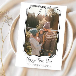 Happy New Year Simple Black and White Family Photo Holiday Card