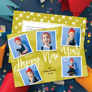 Happy New Year Simple Brush Script 5 Photo Modern Holiday Card