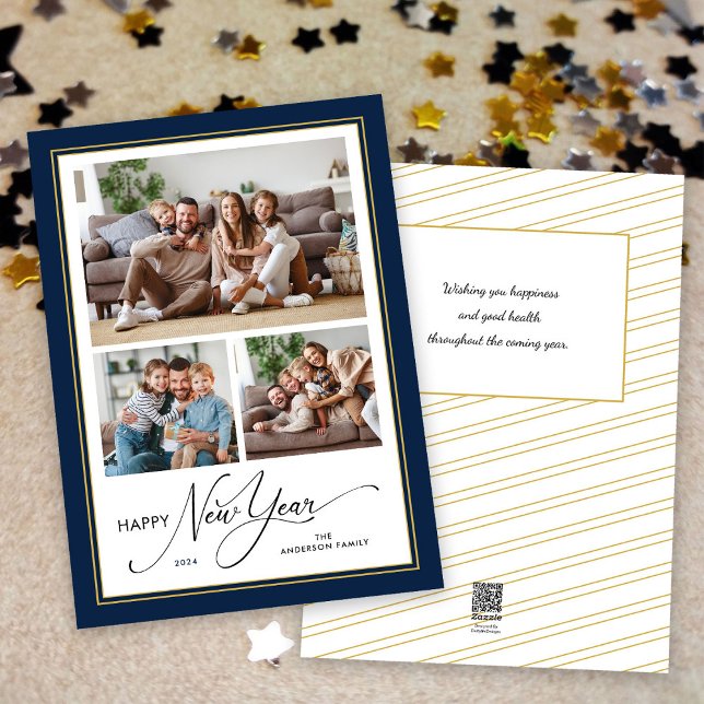 Happy New Year Simple Elegant Script 3 Photos Holiday Card (Creator Uploaded)