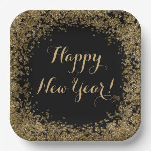 Happy New Year Simple Gold Confetti and Black  Paper Plate