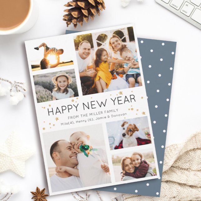 Happy New Year Simple Minimalist Photo Collage Holiday Card (Creator Uploaded)