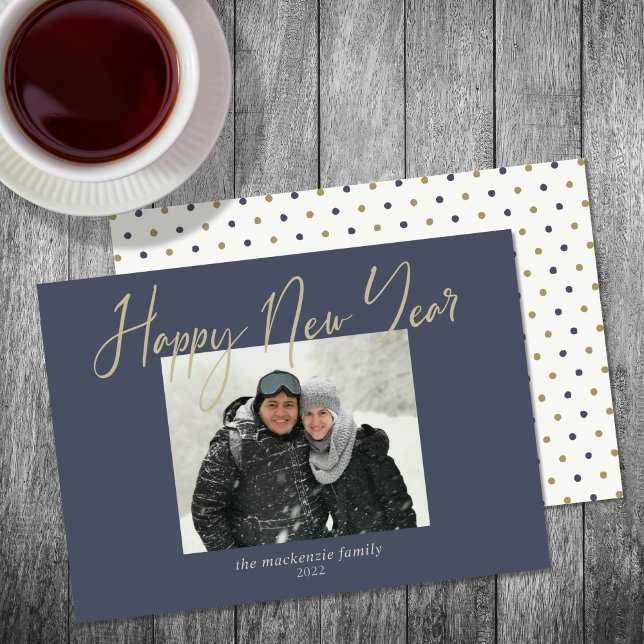 Happy New Year Simple Photo Sage Navy Blue Holiday Card (Creator Uploaded)