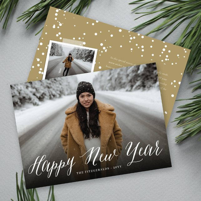 Happy New Year Simple Script Modern Minimal Photo Holiday Card (Creator Uploaded)