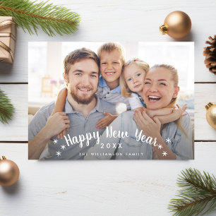 Happy New Year Simple Stars Custom Family Photo Holiday Card