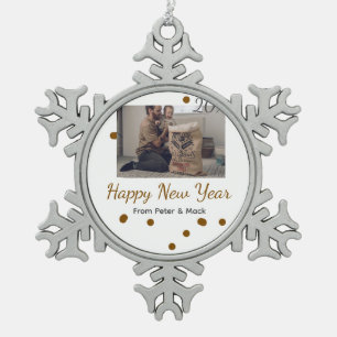 Happy new year Single father add photo name brown  Snowflake Pewter Christmas Ornament