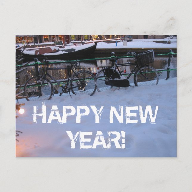 Happy New Year Snow Bicycles Postcard (Front)