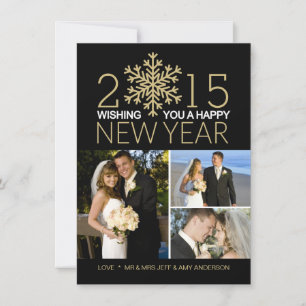 Happy New Year Snowflake Holiday Tri-Photo Collage Card