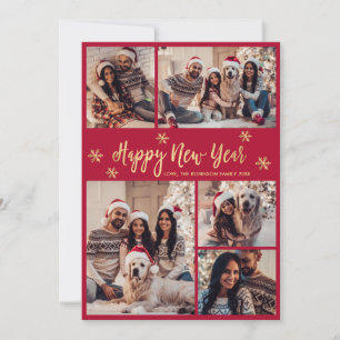 Happy New Year Snowflake Photo Collage Red Gold Holiday Card