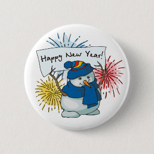 happy new year snowman 6 cm round badge
