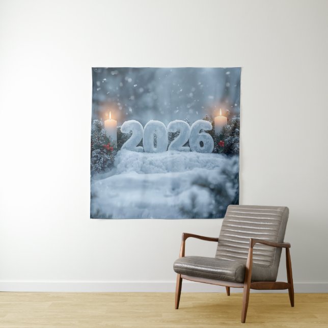 happy new year snowy candle backdrop tapestry (In Situ)