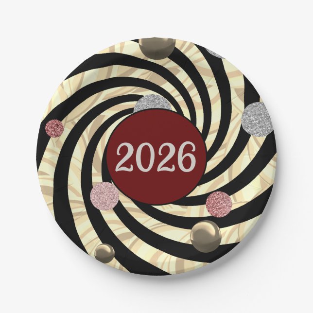 Happy New Year, spirals and bubbles  Paper Plate (Front)