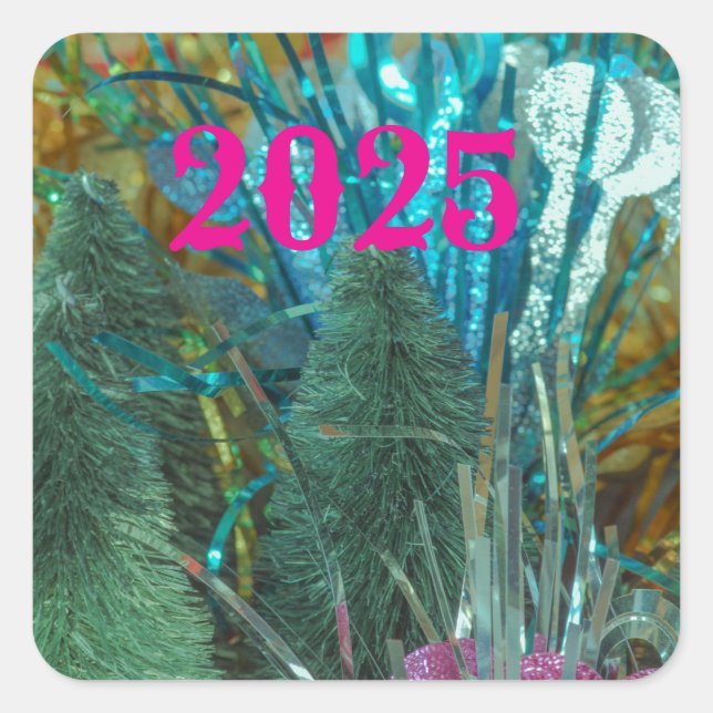 HAPPY New Year square stickers with dazzle colours (Front)