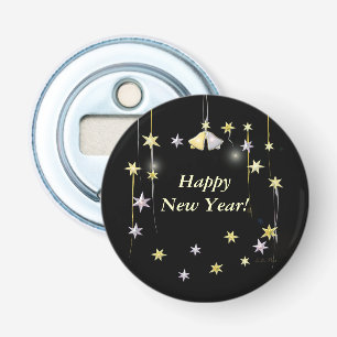 Happy New Year Stars and Bells on Black Bottle Opener