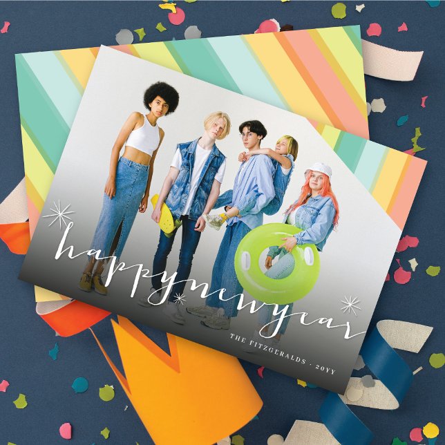 Happy New Year Stars And Colourful Stripes Photo Holiday Card (Creator Uploaded)