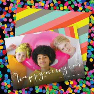 Happy New Year Stars And Colourful Stripes Photo Holiday Card