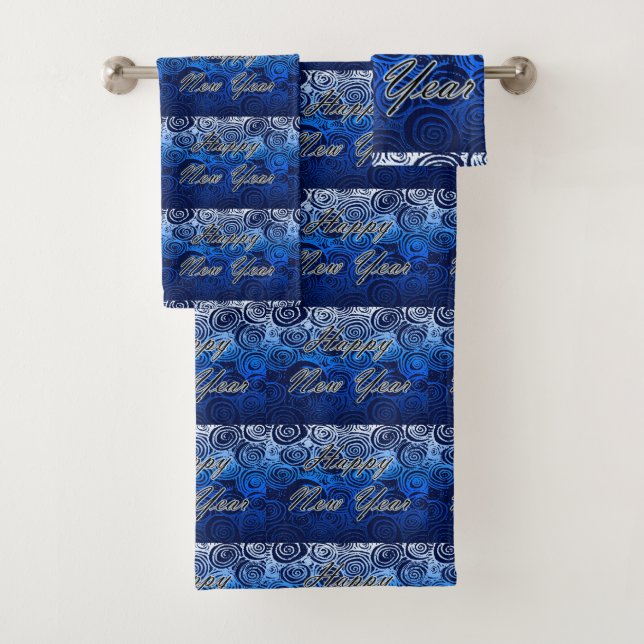 Happy New Year Swirls Blue Bath Towel Set (Insitu)