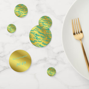 happy new year text blue, gold and template confetti