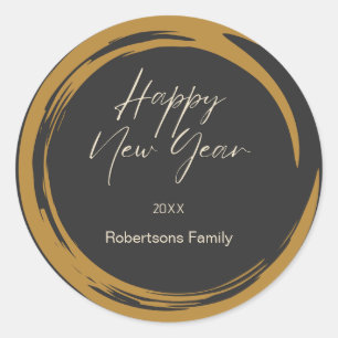 Happy New Year text gold stain ring dark grey Classic Round Sticker