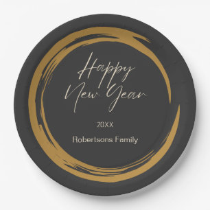 Happy New Year text gold stain ring dark grey Paper Plate