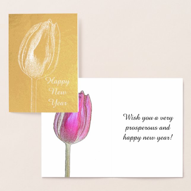 Happy New Year Tulip Floral Pink Flower Photo Art Foil Card (Display)
