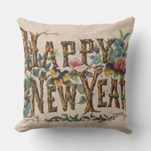 Happy New Year, Vintage Currier & Ives Print Cushion