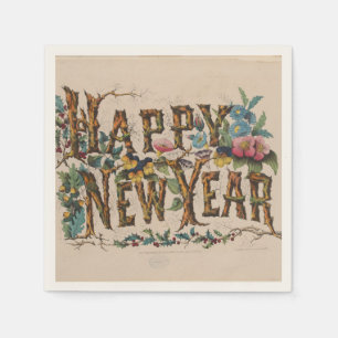 Happy New Year, Vintage Currier & Ives Print Napkin