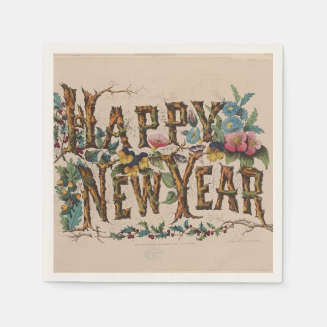  Happy New Year, Vintage Currier & Ives Print Napkin (Front)