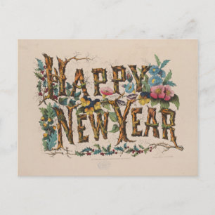 Happy New Year, Vintage Currier & Ives Print Postcard