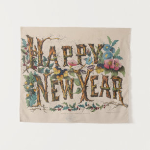 Happy New Year, Vintage Currier & Ives Print Tapestry