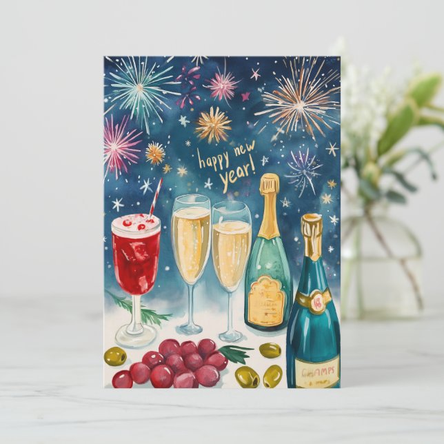 HAPPY NEW YEAR Watercolor Bubbly Fireworks Holiday Card (Standing Front)