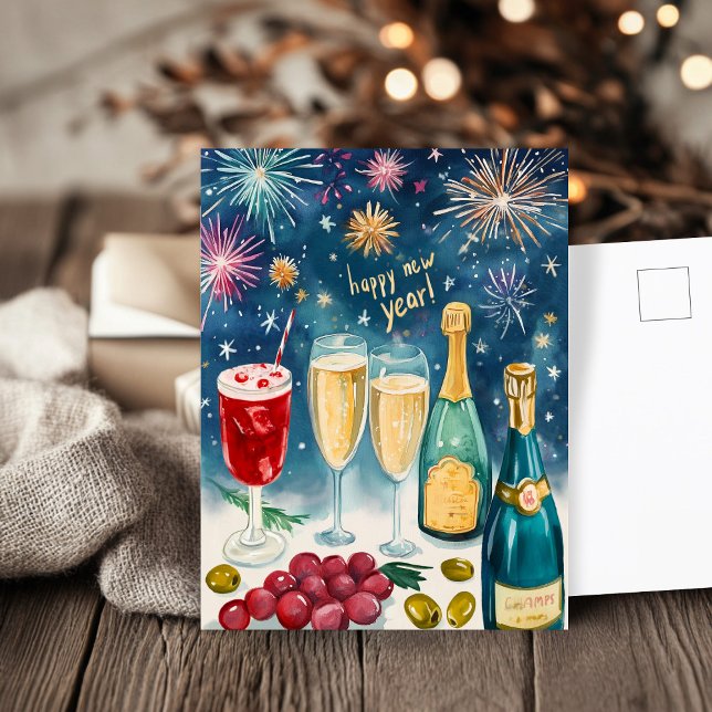 HAPPY NEW YEAR Watercolor Bubbly Fireworks Holiday Postcard (HAPPY NEW YEAR Watercolor Bubbly Fireworks Holiday Postcard
)
