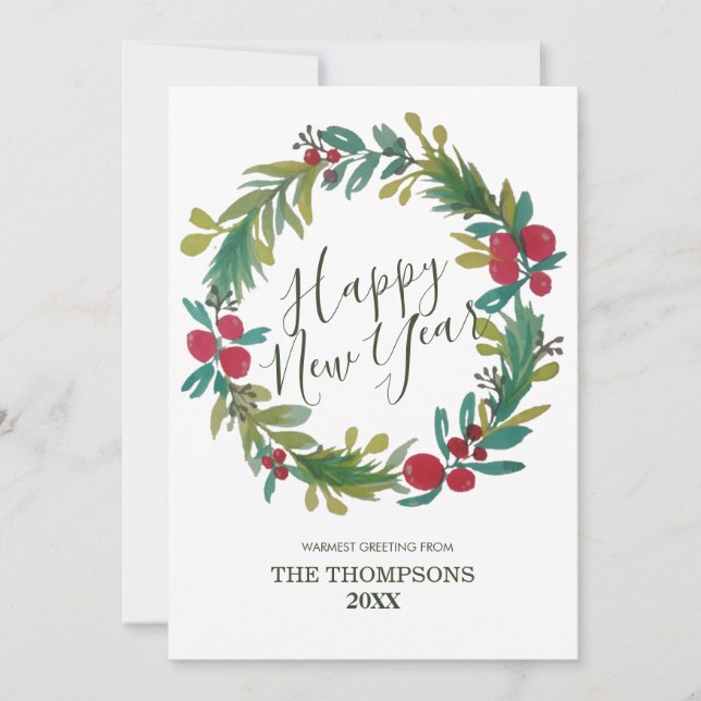 Happy New Year Watercolor Floral Wreath Card (Front)