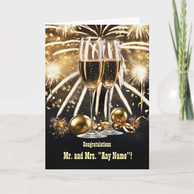 Happy New Year Wedding Champagne and Fireworks  Card (Front)