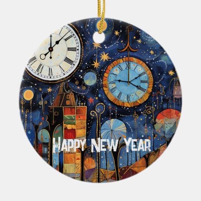 Happy New Year Whimsical Illustration Ceramic Tree Decoration (Front)