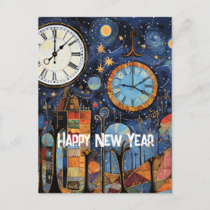 Happy New Year Whimsical Illustration Postcard