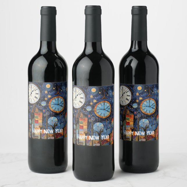 Happy New Year Whimsical Illustration Wine Label (Bottles)