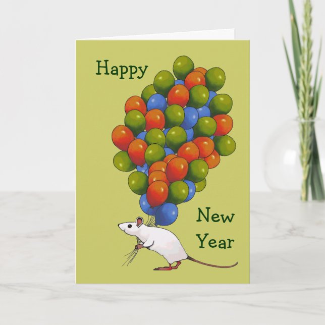 Happy New Year: White Mouse With LOTS of Balloons Holiday Card (Front)