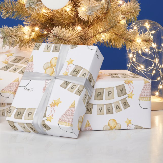 Happy New Year White Wrapping Paper (Holidays)