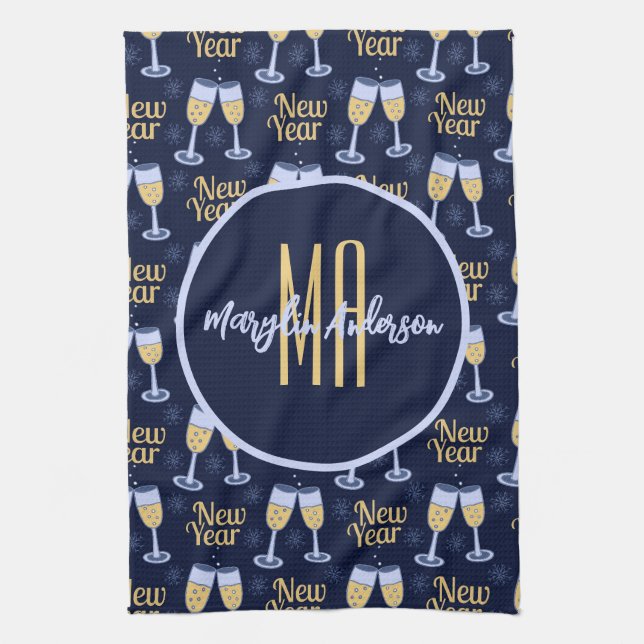 HAPPY NEW YEAR & WINE CHRISTMAS CUSTOM MONOGRAM TEA TOWEL (Vertical)