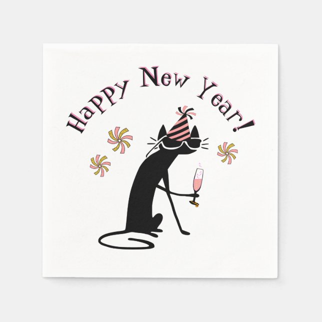 Happy New Year Wine Quote with Cat Napkin (Front)