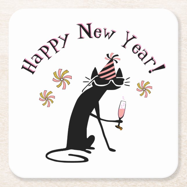 Happy New Year Wine Quote with Cat Square Paper Coaster (Front)
