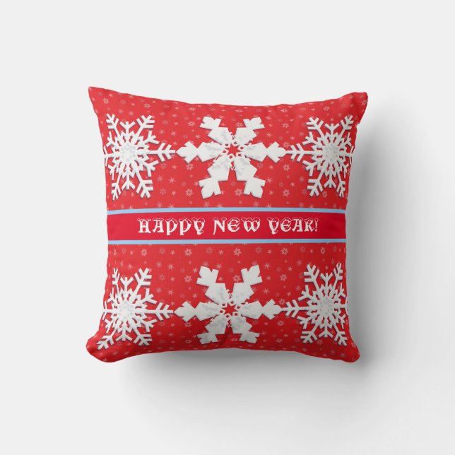 Happy New Year! Winter White Snowflakes RedPattern Cushion (Front)