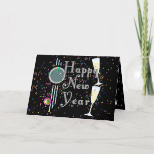 Happy New Year With Champagne & Confetti Holiday Card