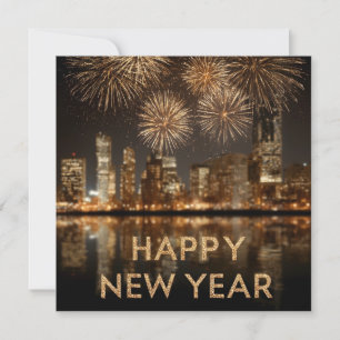 "Happy New Year" with Fireworks over a City Holiday Card