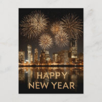 "Happy New Year" with Fireworks over a City