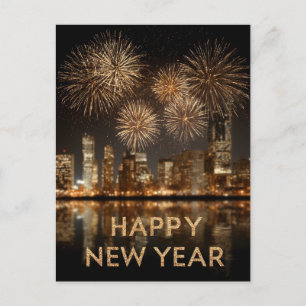 "Happy New Year" with Fireworks over a City Holiday Postcard