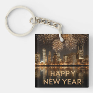 "Happy New Year" with Fireworks over a City Key Ring